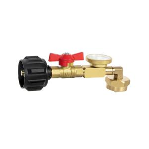 Propane pressure refill adapter with ON/OFF valve 90 degree elbow and cap design